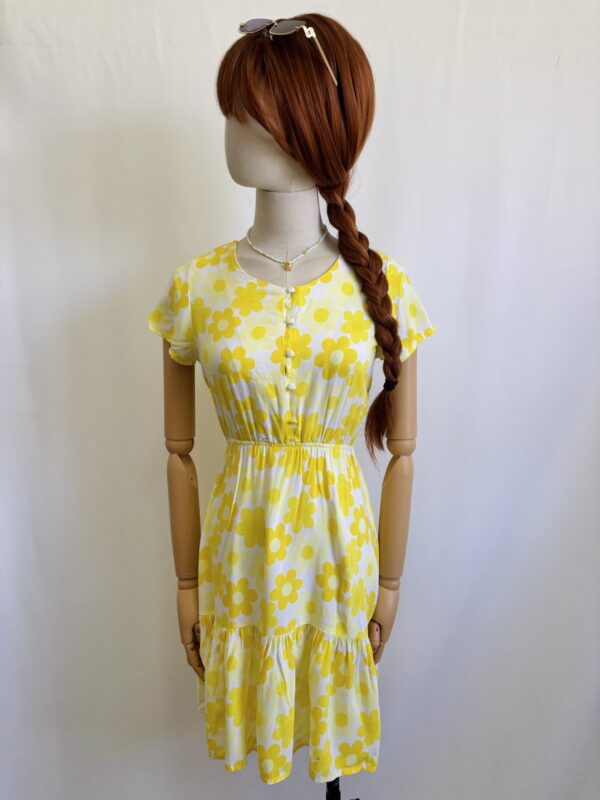 Vestido amarillo midi cintura fruncida, Talla S