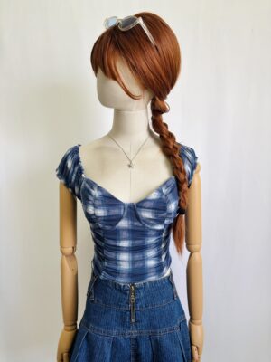 Top azul con blanco drapeado, Talla M
